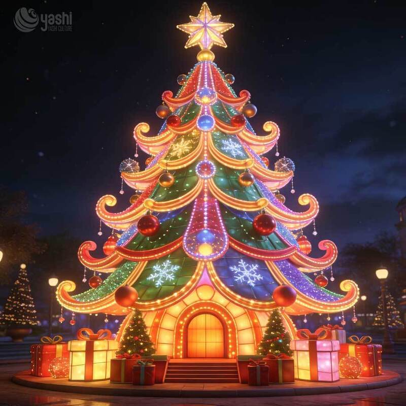 Giant Christmas Tree Light Sculpture With House Door, Custom Outdoor LED Christmas Lantern for Festival Light Exhibition
