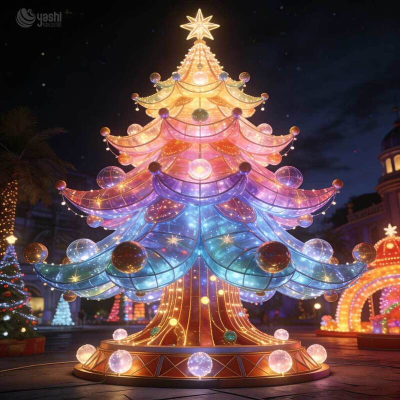 Giant Christmas Tree Light Sculpture With House Door, Custom Outdoor LED Christmas Lantern for Festival Light Exhibition