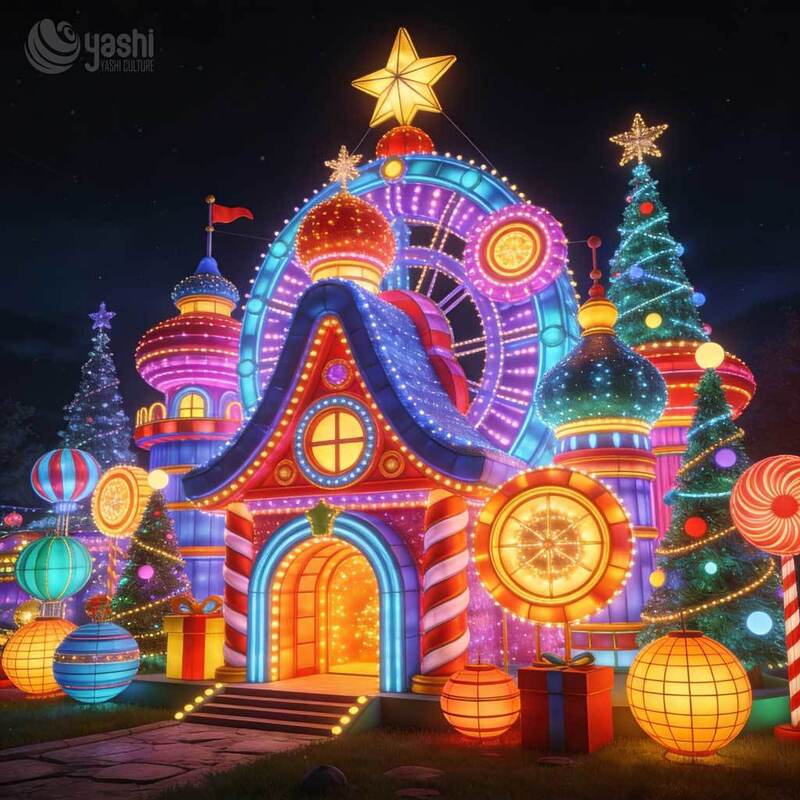 Giant Christmas Tree Light Sculpture With House Door, Custom Outdoor LED Christmas Lantern for Festival Light Exhibition