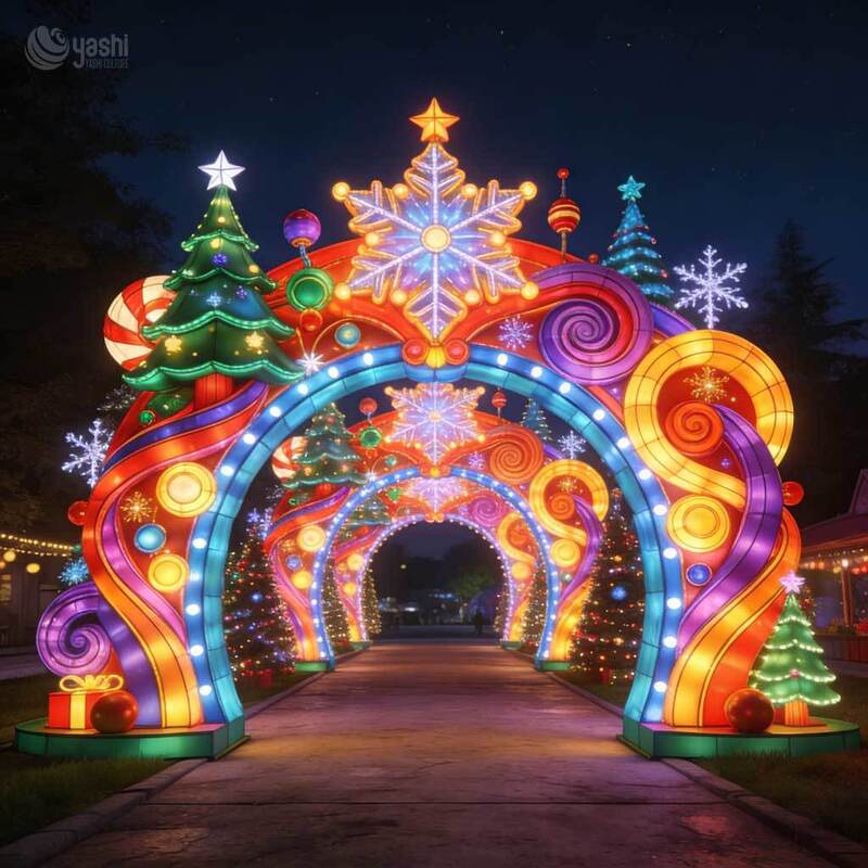 Giant Christmas Tree Light Sculpture With House Door, Custom Outdoor LED Christmas Lantern for Festival Light Exhibition