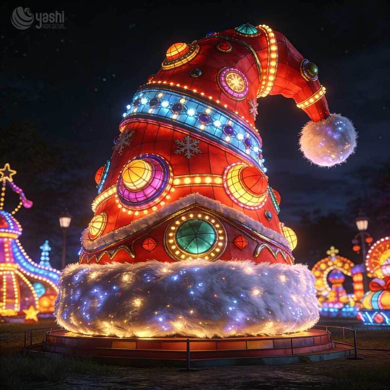 Giant Santa Hat House Light Sculpture, Custom Outdoor LED Christmas Cabin Lantern for Holiday Light Exhibition