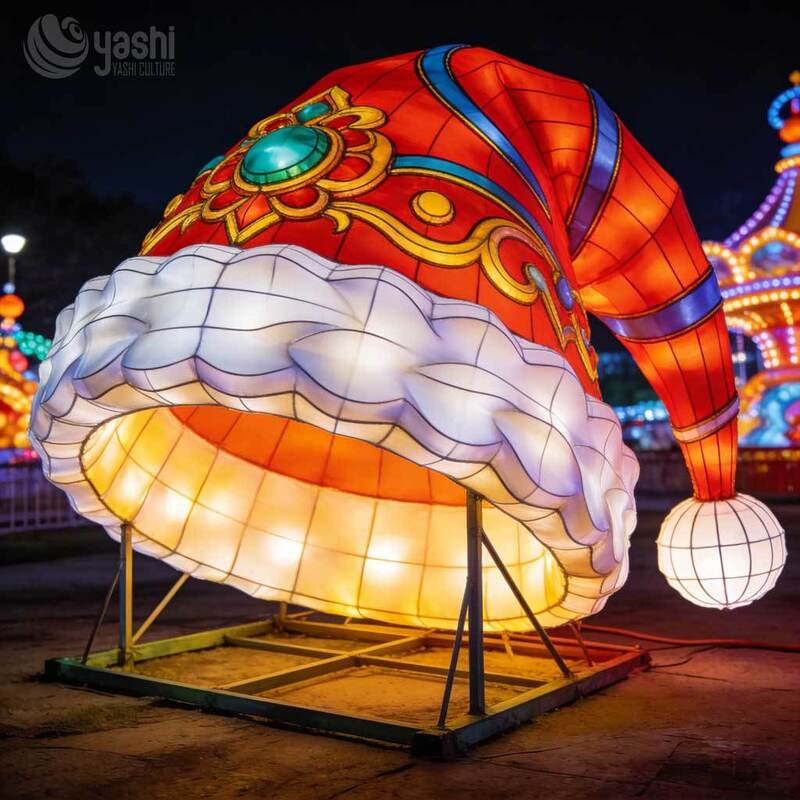 Giant Santa Hat House Light Sculpture, Custom Outdoor LED Christmas Cabin Lantern for Holiday Light Exhibition
