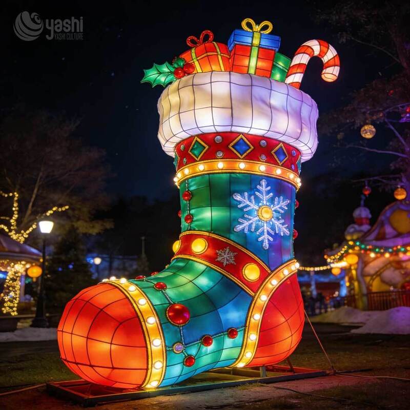 Giant Christmas Stocking Light Sculpture With Gifts, Custom Outdoor LED Christmas Lantern for Holiday Light Festival