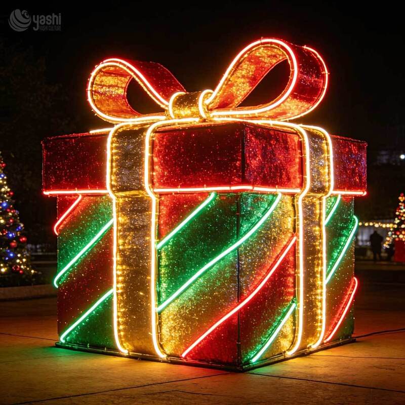 صندوق هدايا عيد الميلاد ثلاثي الأبعاد مخصص مضاء، صندوق هدايا مضاء بمصابيح LED مقاومة للماء لديكور عيد الميلاد الخارجي