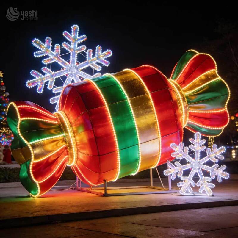 Large Outdoor Illuminated Christmas Gift Box & Candy Light Sculptures Commercial Holiday Decorations