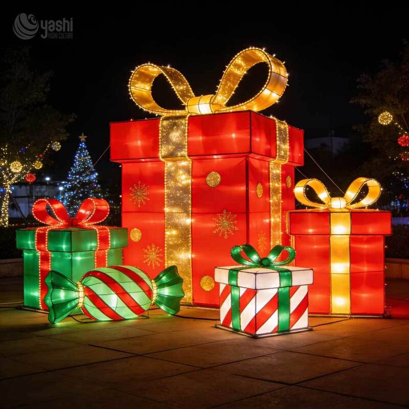 Large Outdoor Illuminated Christmas Gift Box & Candy Light Sculptures Commercial Holiday Decorations