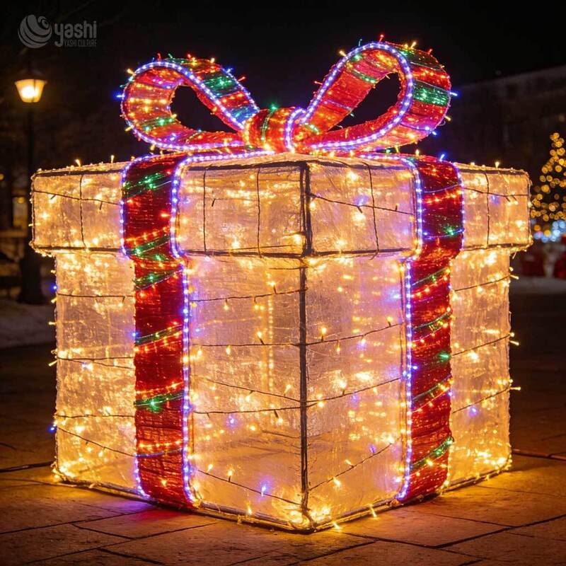 Large Outdoor Illuminated Christmas Gift Box & Candy Light Sculptures Commercial Holiday Decorations