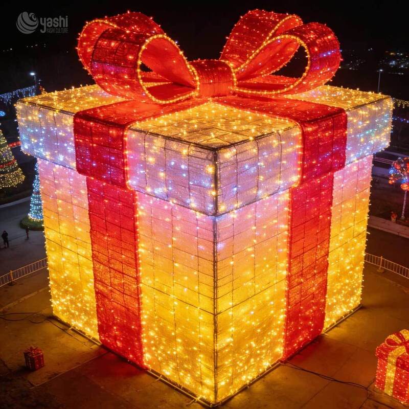 Large Outdoor Illuminated Christmas Gift Box & Candy Light Sculptures Commercial Holiday Decorations