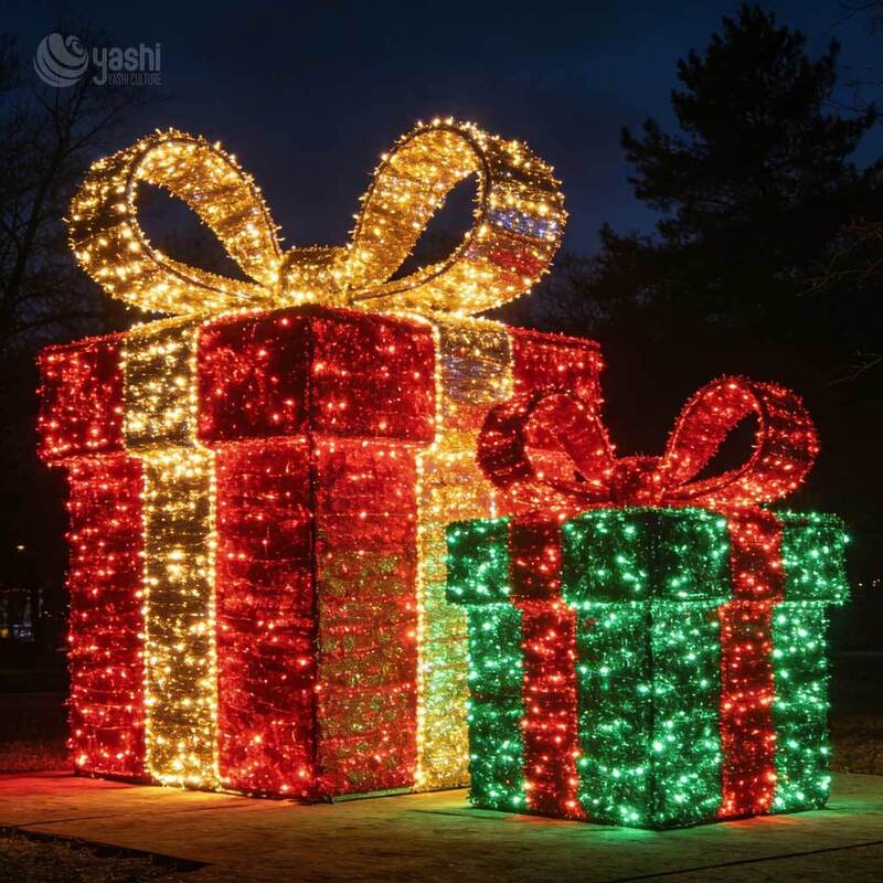 Large Outdoor Illuminated Christmas Gift Box & Candy Light Sculptures Commercial Holiday Decorations