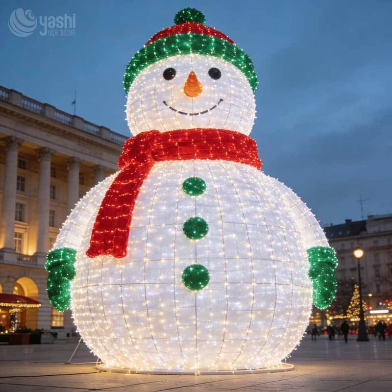 Custom LED Wire Frame Snowman Light Sculpture, Giant Outdoor Snowman Christmas Light with Gift Boxes for Yard & Plaza Decor