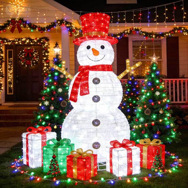 Custom LED Wire Frame Snowman Light Sculpture, Giant Outdoor Snowman Christmas Light with Gift Boxes for Yard & Plaza Decor