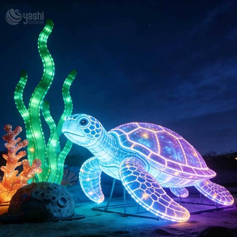 Custom Sea Turtle LED Lantern Sculpture, Ocean Theme Light Display with Coral & Seaweed for Outdoor Lantern Festival