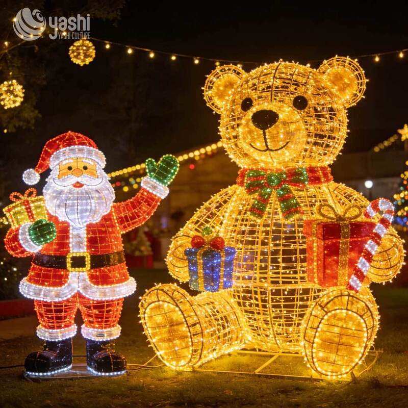 Custom LED Wire Frame Light Sculpture Set, Giant Christmas Teddy Bear & Santa Claus Motif Lights for Outdoor Plaza Display