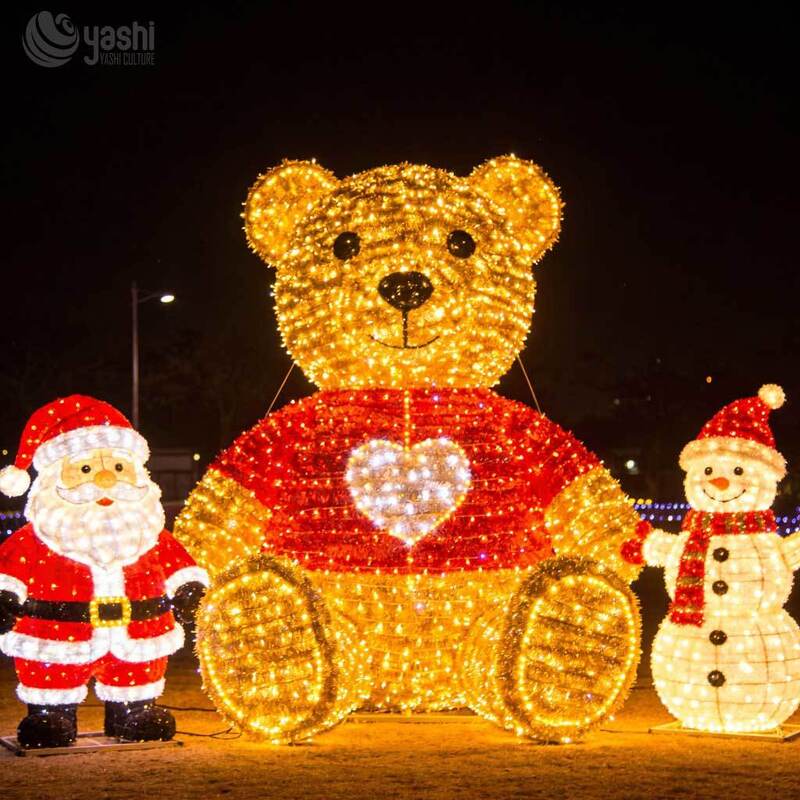 Custom LED Wire Frame Light Sculpture Set, Giant Christmas Teddy Bear & Santa Claus Motif Lights for Outdoor Plaza Display