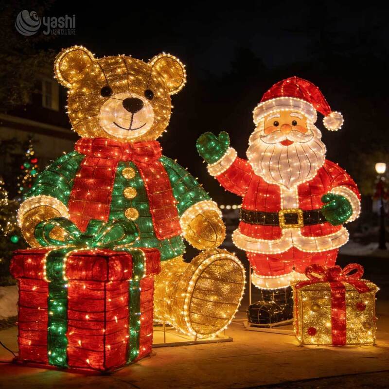 Custom LED Wire Frame Light Sculpture Set, Giant Christmas Teddy Bear & Santa Claus Motif Lights for Outdoor Plaza Display