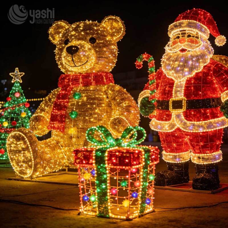 Custom LED Wire Frame Light Sculpture Set, Giant Christmas Teddy Bear & Santa Claus Motif Lights for Outdoor Plaza Display