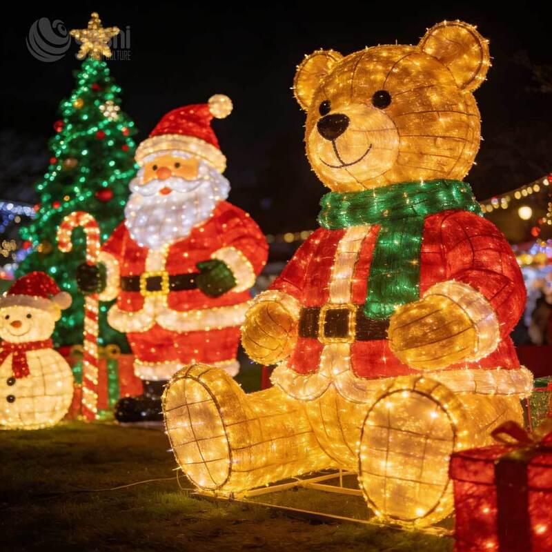 Custom LED Wire Frame Light Sculpture Set, Giant Christmas Teddy Bear & Santa Claus Motif Lights for Outdoor Plaza Display