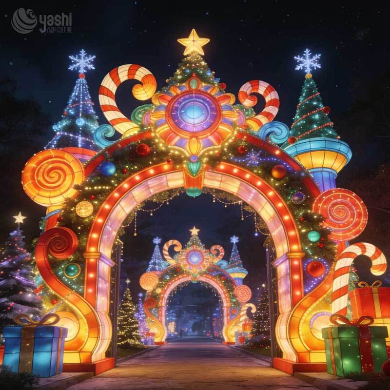 Custom Fairy Tale Castle Festival Lantern Arch, Giant Colorful Christmas Light Tunnel for Park & Shopping Mall Light Exhibition