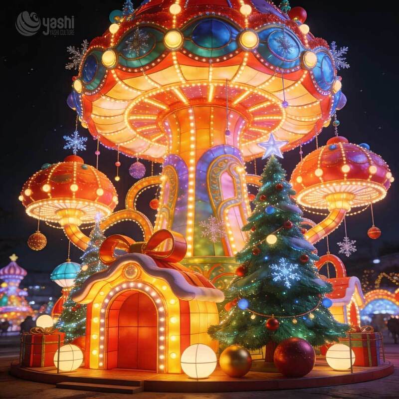 Custom Christmas Bell Bow Festival Lantern Arch, LED Light Archway With Christmas Tree & Gift Box For Outdoor Light Exhibition
