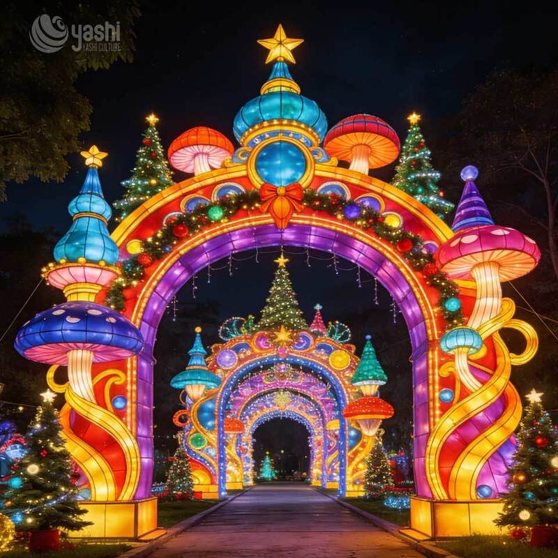 Custom Christmas Bell Bow Festival Lantern Arch, LED Light Archway With Christmas Tree & Gift Box For Outdoor Light Exhibition