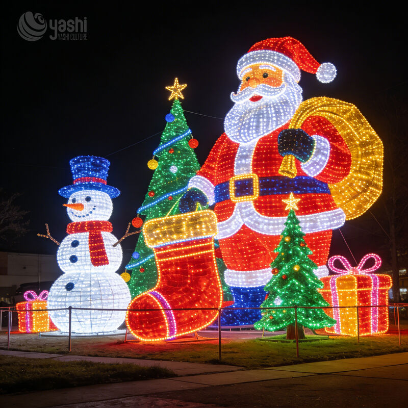 Custom Santa Claus LED Light Sculpture Set, Large Outdoor Christmas Motif Light Display with Snowman, Tree & Gift Box