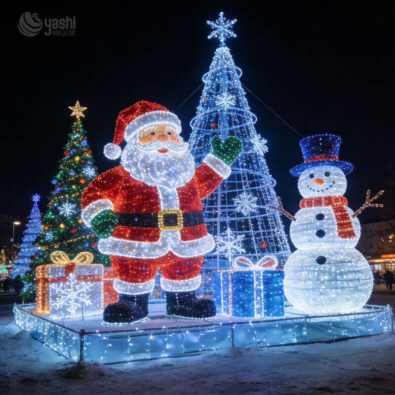 Custom Santa Claus LED Light Sculpture Set, Large Outdoor Christmas Motif Light Display with Snowman, Tree & Gift Box