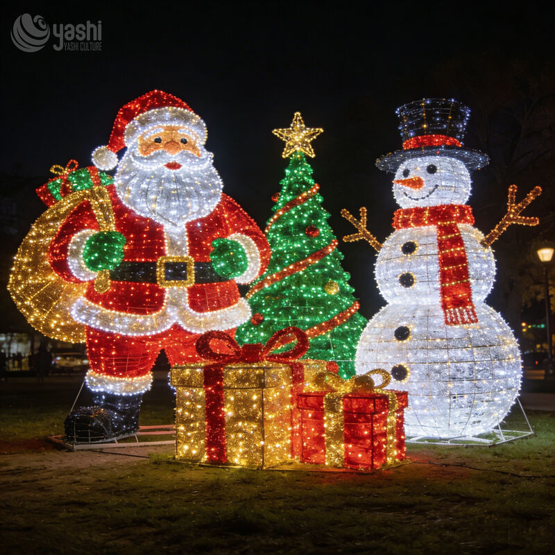 Custom Santa Claus LED Light Sculpture Set, Large Outdoor Christmas Motif Light Display with Snowman, Tree & Gift Box
