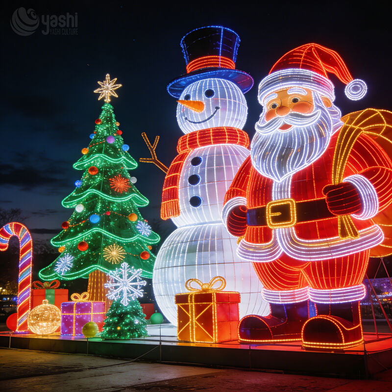 Custom Santa Claus LED Light Sculpture Set, Large Outdoor Christmas Motif Light Display with Snowman, Tree & Gift Box