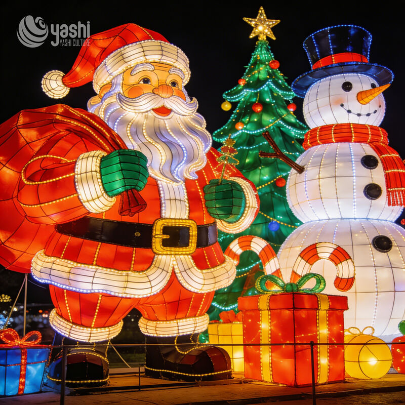Custom Santa Claus LED Light Sculpture Set, Large Outdoor Christmas Motif Light Display with Snowman, Tree & Gift Box