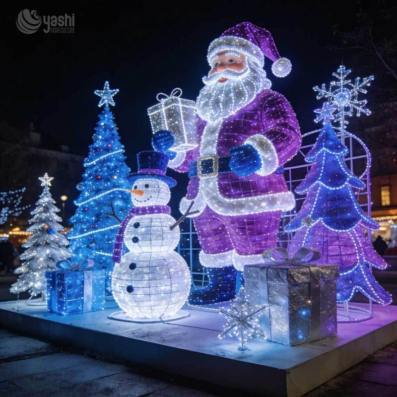 Custom Outdoor Santa Snowman Christmas Tree LED Light Sculpture Set, Commercial Christmas Light Display for Shopping Mall & Theme Park