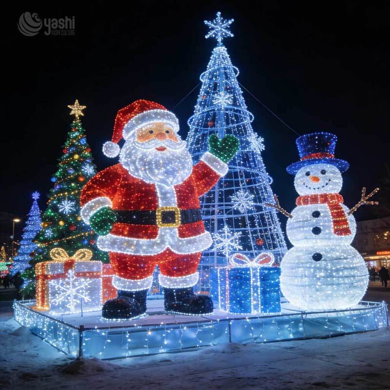 Custom Outdoor Santa Snowman Christmas Tree LED Light Sculpture Set, Commercial Christmas Light Display for Shopping Mall & Theme Park