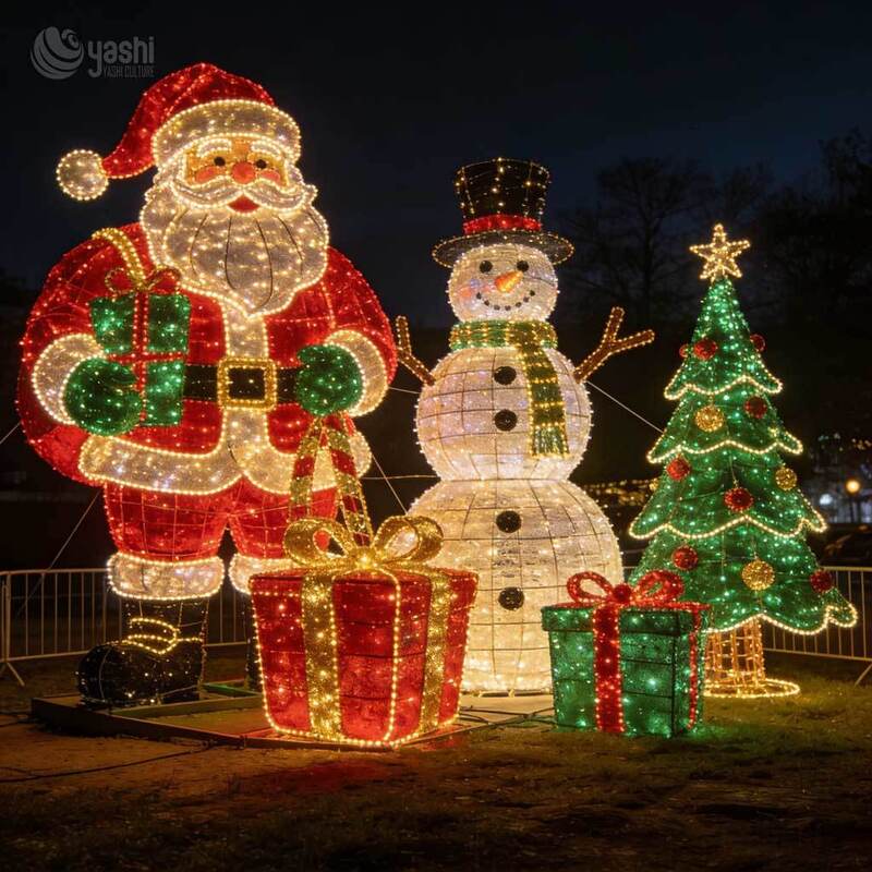 Custom Outdoor Santa Snowman Christmas Tree LED Light Sculpture Set, Commercial Christmas Light Display for Shopping Mall & Theme Park