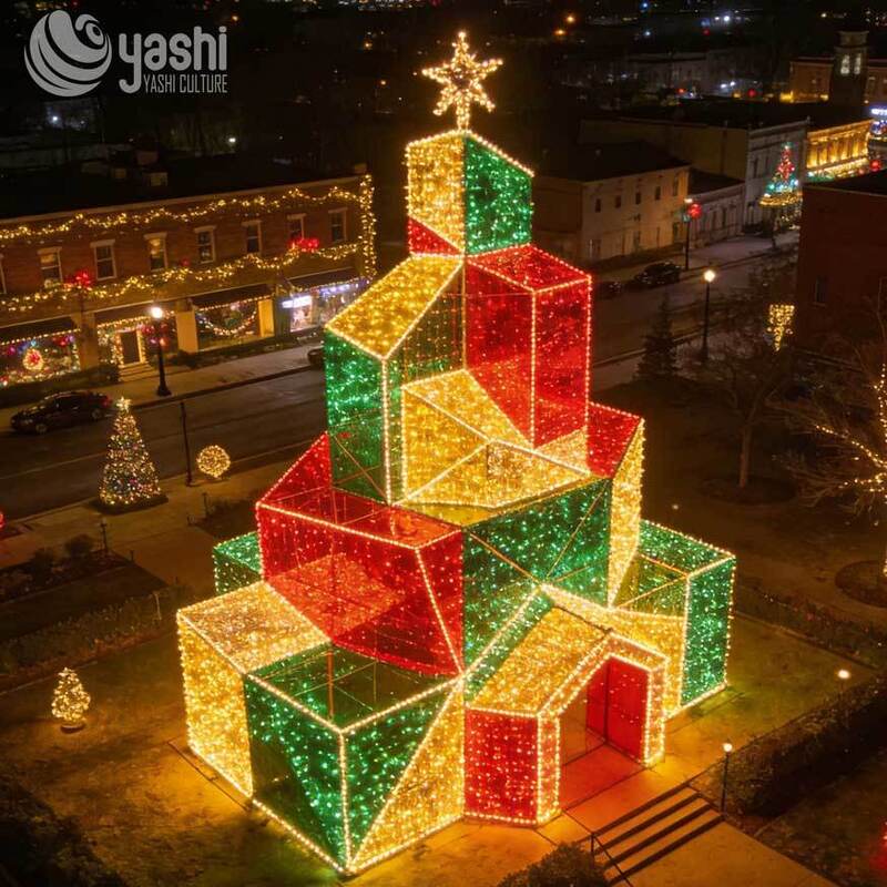 3D Gift Box Walk-through Christmas Light House, Custom Outdoor LED Cube Light Sculpture for Holiday Light Show