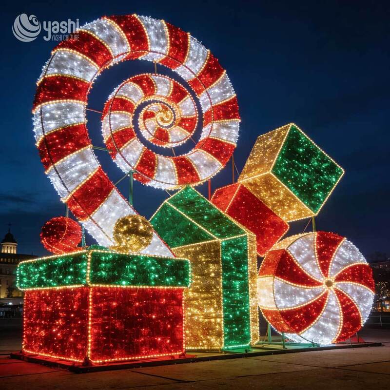 3D Gift Box Walk-through Christmas Light House, Custom Outdoor LED Cube Light Sculpture for Holiday Light Show