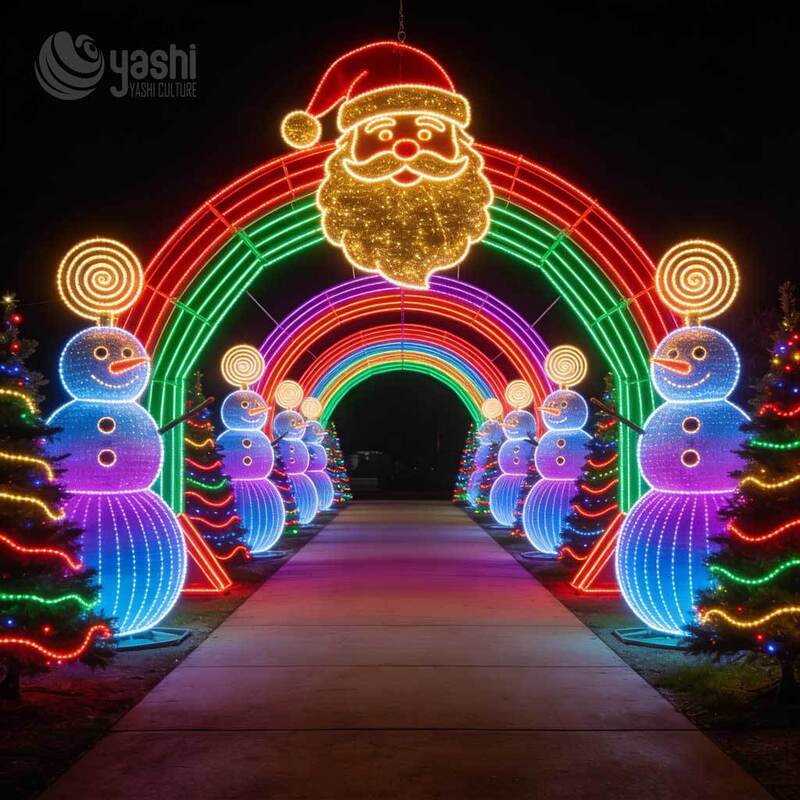 Santa Reindeer Christmas Light Tunnel Arch Set, Custom Outdoor LED Motif Light Archway for Holiday Light Exhibition