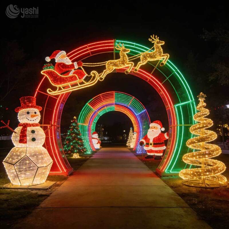Santa Reindeer Christmas Light Tunnel Arch Set, Custom Outdoor LED Motif Light Archway for Holiday Light Exhibition