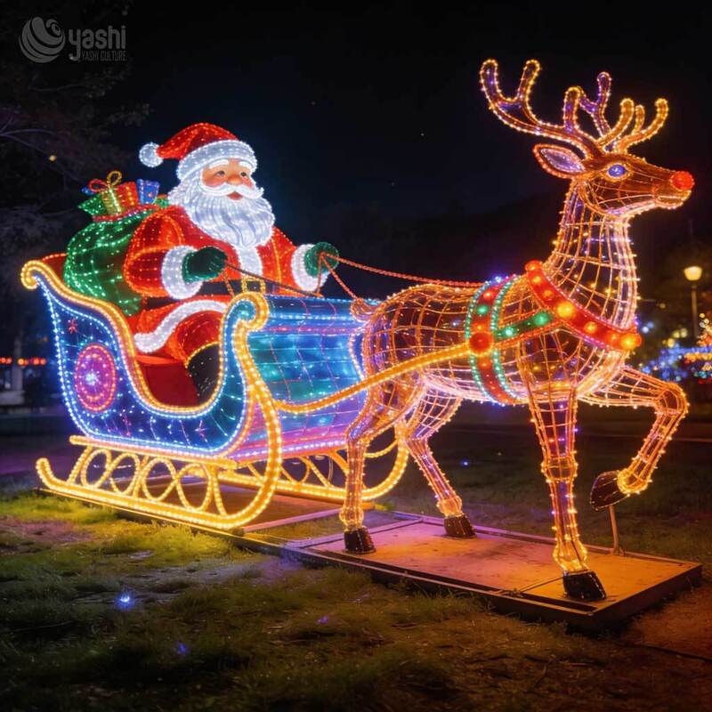 Santa Reindeer Sleigh LED Motif Light, Custom Outdoor Christmas Light Sculpture for Plaza Light Exhibition