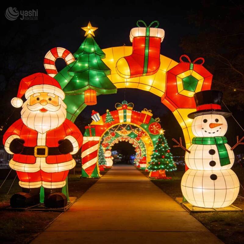 Custom Christmas Arch Motif Light Set, Outdoor Waterproof LED Santa Snowman Light Tunnel Sculpture For Plaza & Festival Park