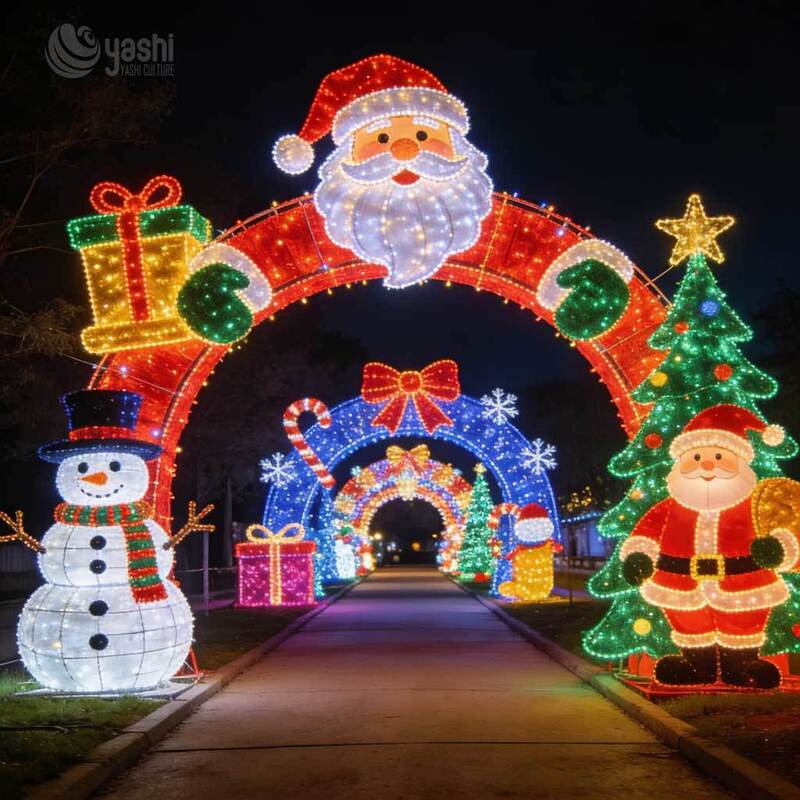 Custom Christmas Arch Motif Light Set, Outdoor Waterproof LED Santa Snowman Light Tunnel Sculpture For Plaza & Festival Park