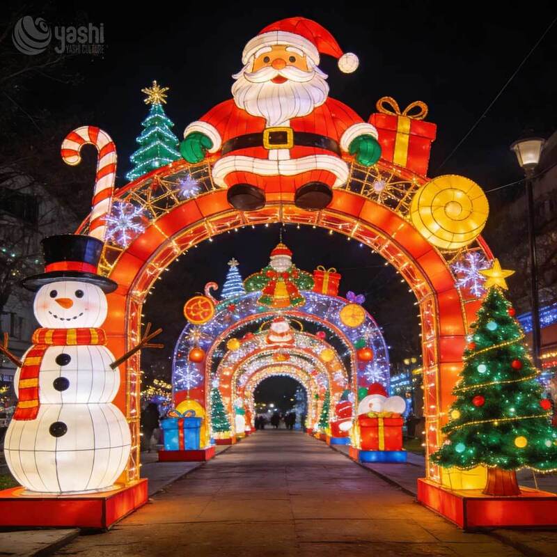 Custom Christmas Arch Motif Light Set, Outdoor Waterproof LED Santa Snowman Light Tunnel Sculpture For Plaza & Festival Park