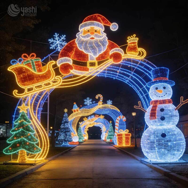 Custom Christmas Arch Motif Light Set, Outdoor Waterproof LED Santa Snowman Light Tunnel Sculpture For Plaza & Festival Park