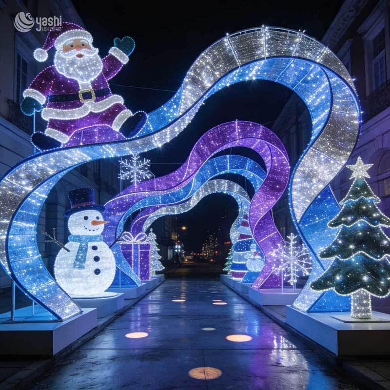 Custom Large LED Christmas Arch Tunnel with Santa and Snowman Patterns for Outdoor Festival Party Entrance Decoration