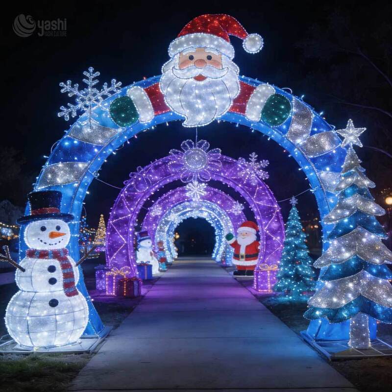Custom Large LED Christmas Arch Tunnel with Santa and Snowman Patterns for Outdoor Festival Party Entrance Decoration