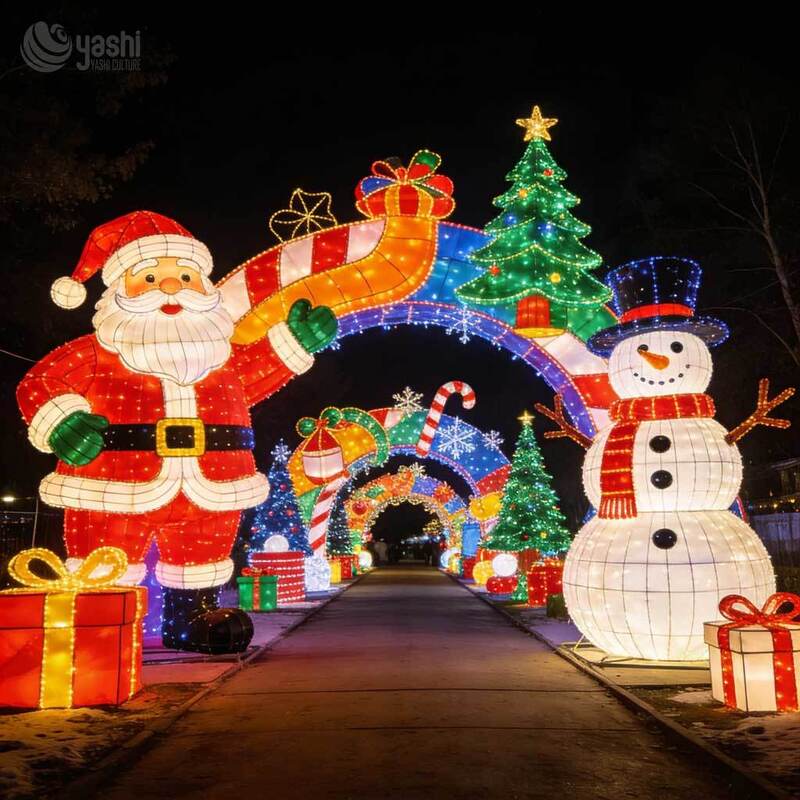 Santa Sleigh Snowman Christmas Light Tunnel Arch, Custom Outdoor LED Motif Light Archway for Christmas Light Festival