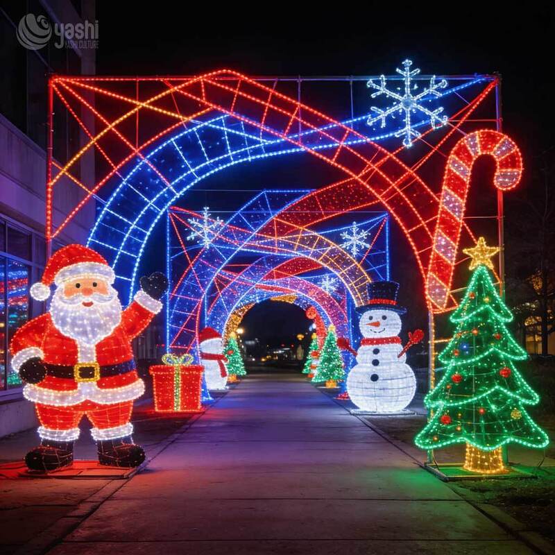 Santa Sleigh Snowman Christmas Light Tunnel Arch, Custom Outdoor LED Motif Light Archway for Christmas Light Festival