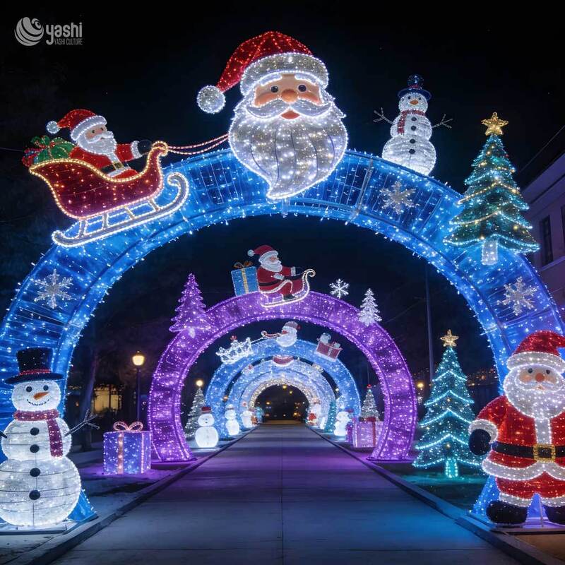 Santa Sleigh Snowman Christmas Light Tunnel Arch, Custom Outdoor LED Motif Light Archway for Christmas Light Festival