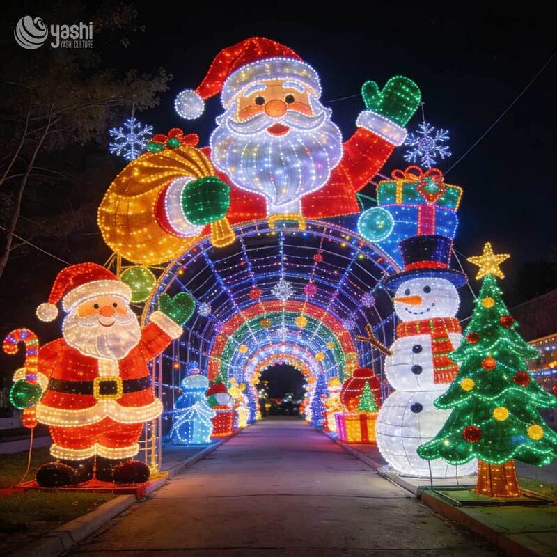 Santa Snowman Christmas Light Tunnel Arch Set, Custom Outdoor LED Motif Light Archway for Holiday Light Exhibition