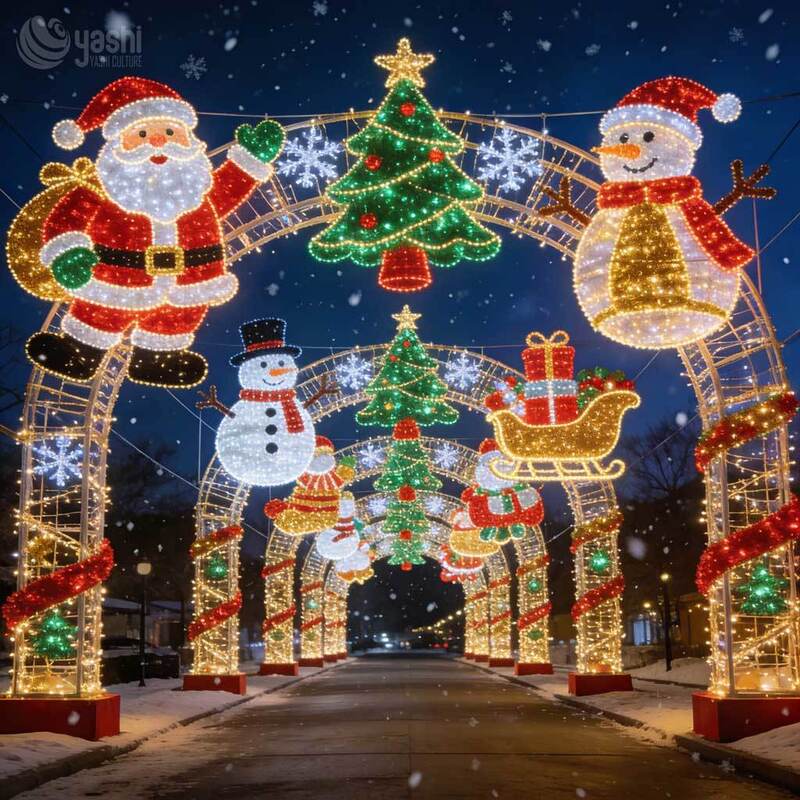 Santa Snowman Christmas Light Tunnel Arch Set, Custom Outdoor LED Motif Light Archway for Holiday Light Exhibition