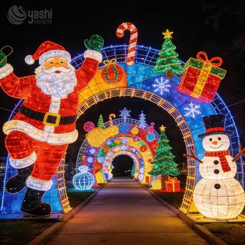 Santa Snowman Christmas Light Tunnel Arch Set, Custom Outdoor LED Motif Light Archway for Holiday Light Exhibition