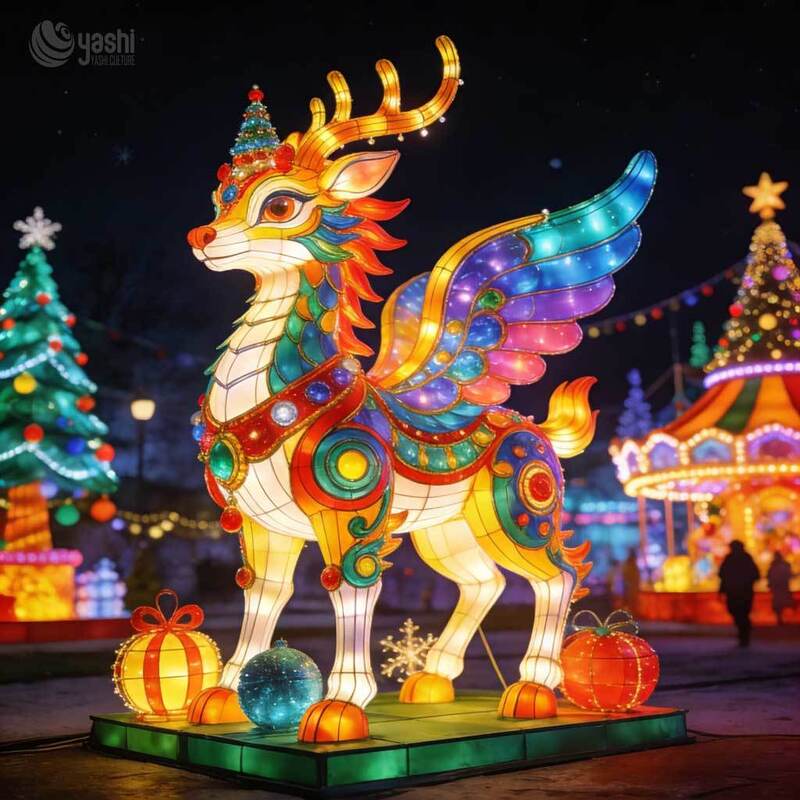 Custom Winged Fantasy Deer LED Lantern, Mythical Creature Light Sculpture for Christmas & Theme Park Night Show